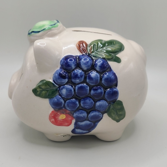 Vintage Piggy Bank Stoneware Pig Grape Cluster Stopper Wine Lovers - Picture 3 of 6